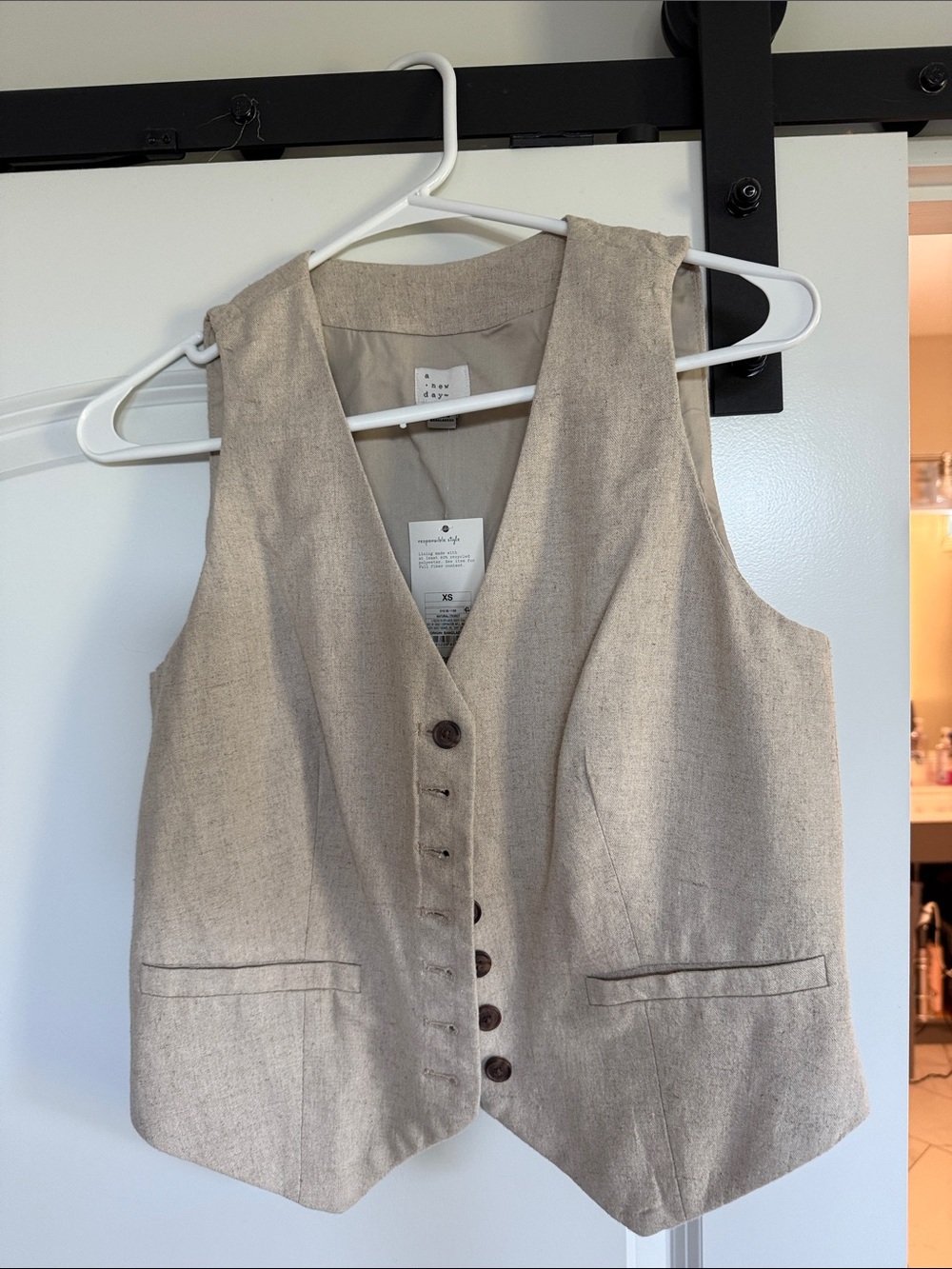 Sleeveless Linen Blend Waistcoat Vest - Beige
